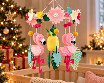 Pink Flamingo Baby Mobile, Tropical Nursery Decor for Girls, Handmade Felt Crib Mobile, Baby Girl Room Decor, Flower Crib Hanging, Xmas Gift