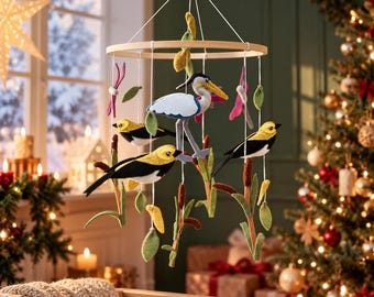 Bird Themed Wool Baby Mobile, Handmade Felt Nature Inspired Nursery Decoration, Wooden Hoop Crib Hanging, Christmas Gift for Newborn