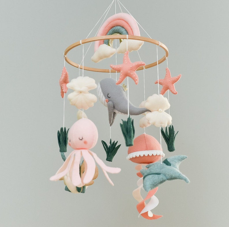 Whale mobile nursery Ocean crib mobile Baby girl mobile Octopus Jellyfish Stingray Shell mobile Rainbow mobile image 8