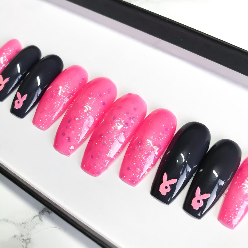Press On Nails Pink & Black Playboy Bunny Long Coffin | Etsy