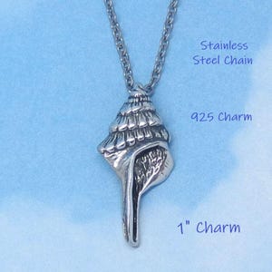 925 Sterling Silver Conch Shell Seashell on Free Stainless Steel Necklace