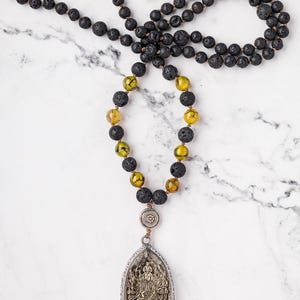 Lava Stone & Agate Japamala with Avalokiteshvara Pendant – 108 Beads Meditation Necklace – Handmade Spiritual Jewelry