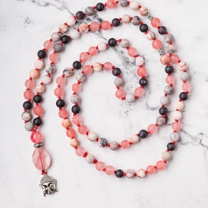 Handmade Mala Necklace – Rhodonite, Jasper & Rose Quartz | 108 Beads with Buddha Pendant | Yoga, Meditation, Prayer Beads