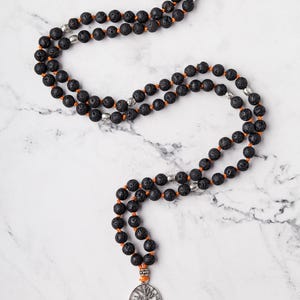 Lava Stone Japamala Necklace: Tree of Life Pendant, Meditation Beads