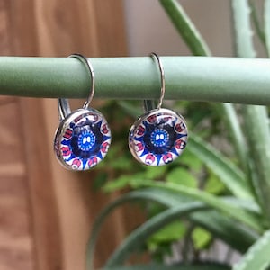 Blue Flower Print Leverback Earrings: Boho Chic Cabochon Jewelry