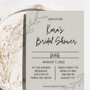Bridal Shower Invitation Template, Editable, Printable Simple Invitation Card, Bride, Instant Download, DIY CANVA