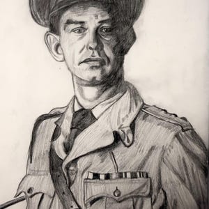 May include: Pencil sketch portrait of a man in a military uniform and hat. The drawing is in shades of gray and black, with details of the uniform, including a tie, jacket, and shoulder strap. The man's face is detailed.