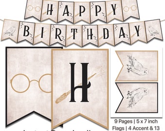 Witchcraft & Wizardry Birthday Banner, Sorcery Birthday Invitation, Printables, Digital, Owl, Wand, Hat Vintage, Magical Party, Wizard