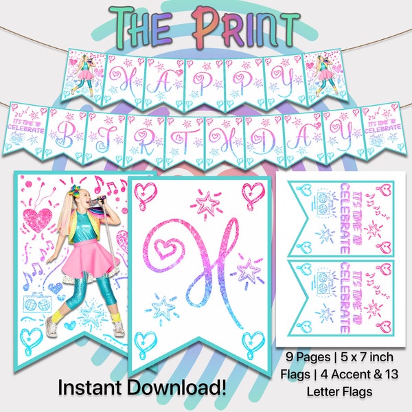 Jojo Siwa Birthday Banner, Jojo Siwa Birthday Invitation, Jojo Siwa Party, Printables, Digital, Birthday Party for Kids, Popstar