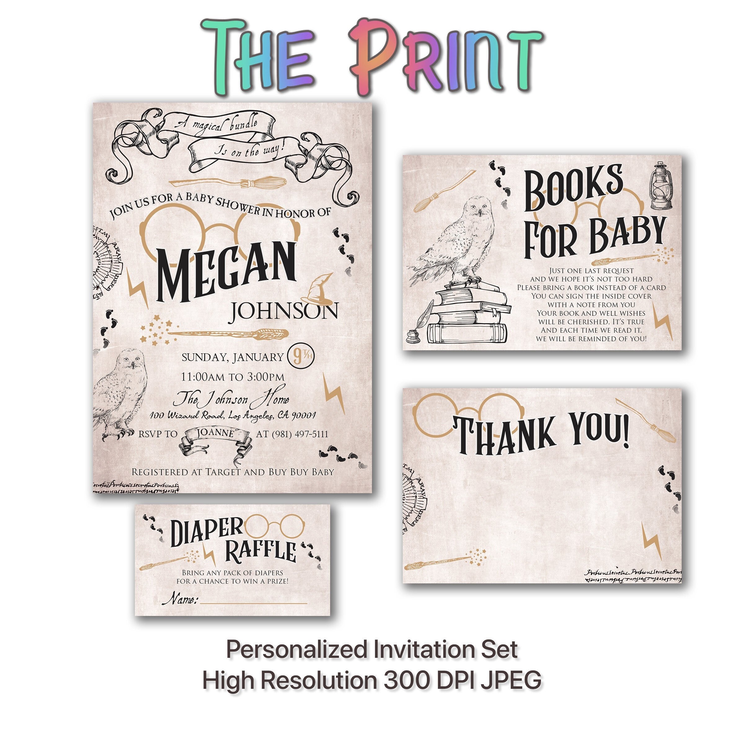 Witchcraft Wizardry Baby Shower Invitation Set Sorcery Party Printables Magic Party Invitation Owl Wand Hat Vintage