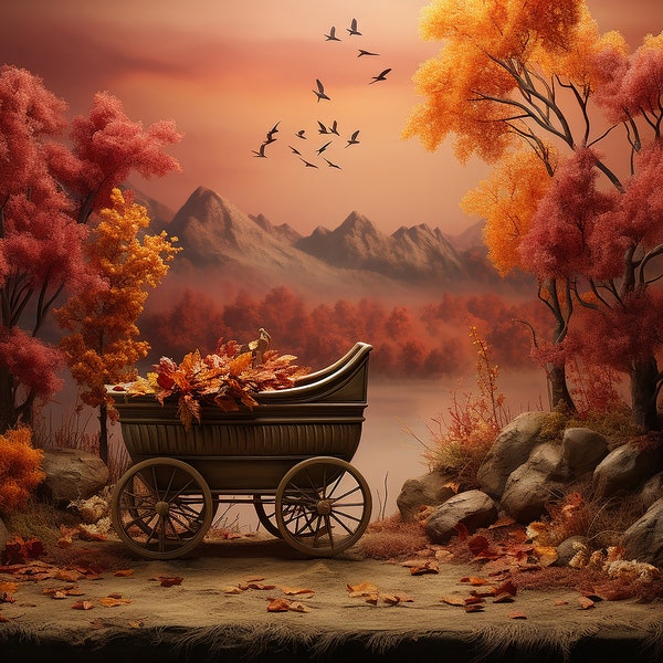 autumn newborn digital backdrop - baby cot in a forest, autumn leaves - digital manipulation bacdrop with harvest crib