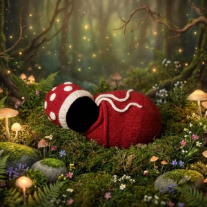 May include: A red newborn cocoon with a white and red mushroom cap, nestled in a mossy forest setting. The cocoon has white string details. The background features glowing lights, mushrooms, and ferns.