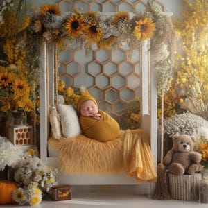 Può includere: Un neonato avvolto in una coperta e un cappello giallo senape, che riposa su un letto a dondolo con una coperta in finta pelliccia. La scena è decorata con girasoli, fiori bianchi e un orsacchiotto, creando un'atmosfera calda e accogliente.