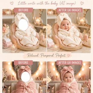 May include: Two digital templates for newborn photography featuring face inserts. The first shows a baby in a cream robe and head wrap. The second shows a baby in a dusty pink robe and head wrap. Text includes 2 NEWBORN SPA FACE INSERT BACKDROPS.