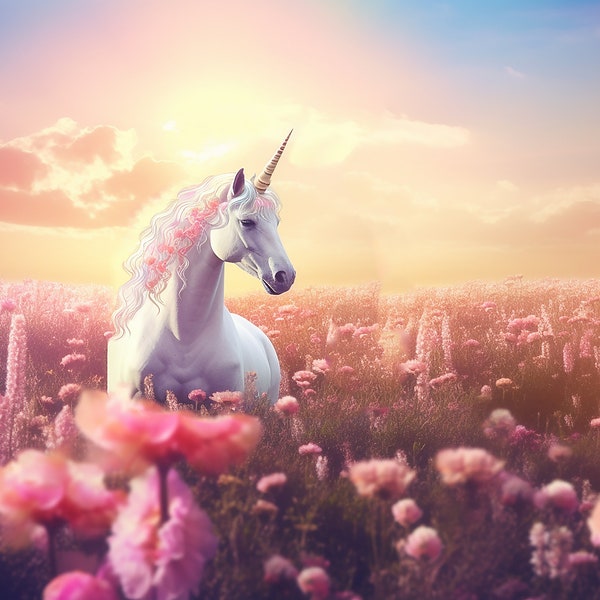 5 fondos digitales Unicornio Atardecer en campo de flores, Manipulación de fotos, Superposición Unicornio, Telón de fondo mágico, Telón de fondo de fantasía