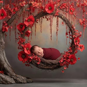Puede incluir: Un bebé recién nacido dormido, envuelto en una manta burdeos, descansa plácidamente en un columpio de corona floral. El columpio está adornado con flores rojas vibrantes y cuelga de un árbol floreciente.