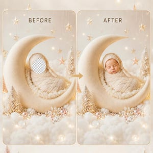 Può includere: Uno sfondo digitale per la fotografia di neonati intitolato CHRISTMAS MOON NEWBORN FACE INSERT. Presenta un accessorio a forma di mezzaluna color crema con un neonato avvolto, circondato da stelle dorate, alberi in miniatura e soffici nuvole bianche.