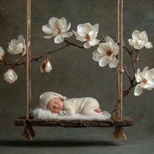 Può includere: Un neonato addormentato, vestito con un completo e un cappello color crema, riposa pacificamente su un'altalena di legno. L'altalena è adornata da fiori bianchi e sospesa da una corda. Lo sfondo è verde tenue.