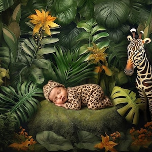 3 fondos digitales de jungla para recién nacidos, fondo digital de bebé niño en la jungla, superposición de Photoshop, bellas artes