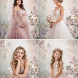 Può includere: Quattro ritratti di donne e una bambina in abiti eleganti. La prima donna è incinta e indossa un abito rosa fluente. La seconda donna è in un abito da sposa bianco con un bouquet. La terza donna è in un abito senza spalline. La quarta è una bambina in un abito rosa.