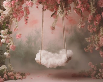 Newborn Digital Swing Background, hanging flower pink newborn digital backdrop, photoshop overlay, fine art