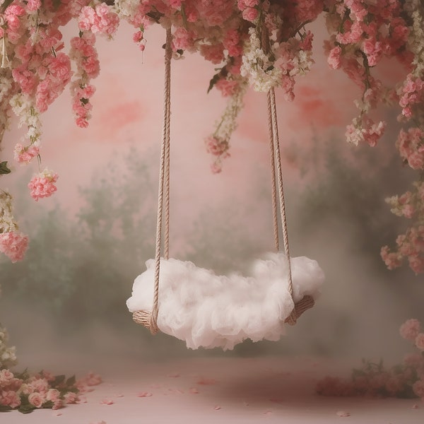 Newborn Digital Swing Background, hanging flower pink newborn digital backdrop, photoshop overlay, fine art