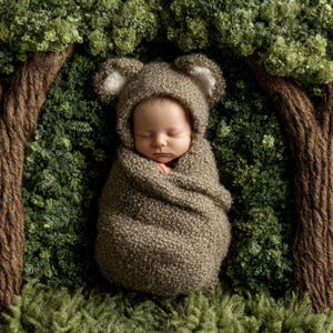 May include: A sleeping newborn baby wrapped in a brown bear-themed hooded blanket, set within a backdrop of artificial trees and greenery. The scene evokes a sense of peace and nature. The background includes textured tree trunks and vibrant green foliage.
