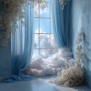 May include: An interior scene featuring a window with a view of a cloudy sky. Pale blue curtains frame the window, and white flowers hang from above. The room is painted in shades of blue, creating a tranquil atmosphere.
