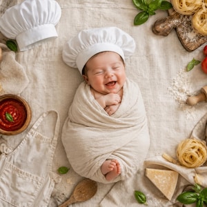 Può includere: Un bambino sorridente con cappello da chef, avvolto in una coperta color crema, circondato da ingredienti italiani. Sono presenti pomodori, pasta, basilico, farina e un mattarello di legno, per un tema culinario.