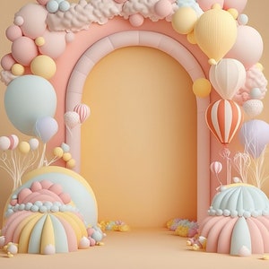 Cenários digitais em arco de balão pastel, sobreposições de fotos de crianças e maternidade, sobreposições de Photoshop, cenários de estúdio, fundo digital de fotografia