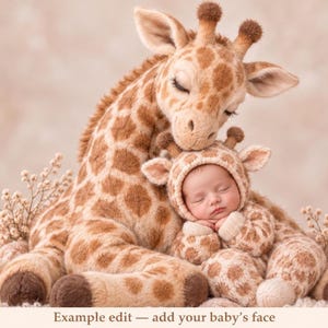 Può includere: Un peluche a forma di giraffa con macchie marroni e corpo color cuoio, accanto a un neonato addormentato che indossa una tutina in maglia con motivo a giraffa e un cappuccio con piccole orecchie. Il testo "Example edit — add your baby's face" è visibile.