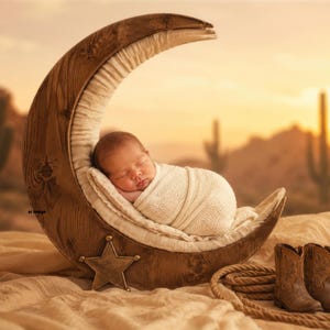 Può includere: Un neonato avvolto in un panno bianco dorme all'interno di un grande accessorio in legno a forma di luna curva. Una stella a cinque punte è fissata alla base. Un paio di piccoli stivali da cowboy in pelle marrone e una corda arrotolata.