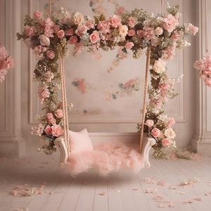 1 Newborn Digital Swing Background, hanging roses backdrop, pink newborn swing, background for newborn photography, fine art,