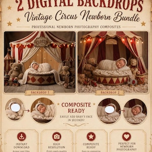 Può includere: Annuncio di due sfondi digitali per neonati a tema circo vintage. L'immagine presenta due scene di tenda da circo, ognuna con un bambino e orsacchiotti. Il testo include "2 Digital Backdrops" e "Vintage Circus Newborn Bundle."