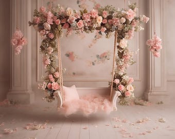 1 Newborn Digital Swing Background, hanging roses backdrop, pink newborn swing, background for newborn photography, fine art,