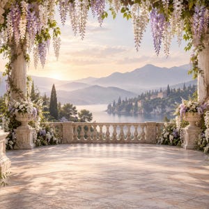 Può includere: Una terrazza in pietra con colonne classiche decorate con fiori di glicine viola e bianchi. Una balaustra in pietra si affaccia su un lago calmo circondato da montagne lontane al tramonto, con urne di pietra piene di fiori.