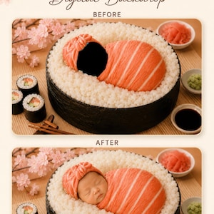 Può includere: Un modello di sfondo digitale intitolato SUSHI BABY FACE INSERT che mostra un bambino avvolto in una fascia con motivo a salmone e una fascia abbinata, adagiato all'interno di un grande rotolo di sushi fatto di riso bianco e alga scura.