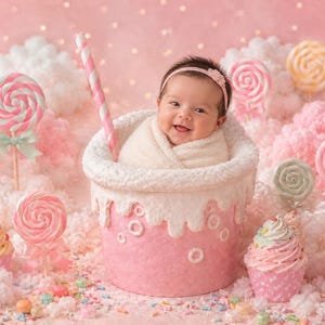 Può includere: Un bambino avvolto in una coperta bianca sorride all'interno di un accessorio a forma di torta rosa e bianca. La scena è decorata con lecca-lecca, cupcake e nuvole di zucchero filato rosa, bianche e dai colori pastello.