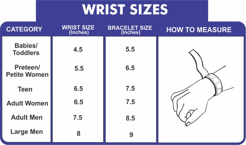 May include: A blue and white informational chart titled WRIST SIZES. It lists categories including Babies/Toddlers, Preteen/Petite, Teen, Adult, and Large, with corresponding wrist and bracelet sizes in inches. A diagram shows how to measure a wrist.
