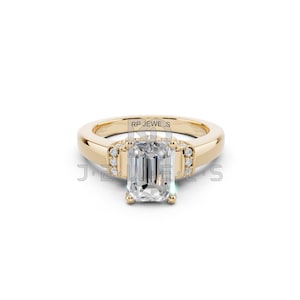 Emerald Cut Moissanite Engagement Ring, 14K Yellow Gold Solitaire Ring, Hidden Halo Moissanite Ring, Modern Minimalist Engagement Ring
