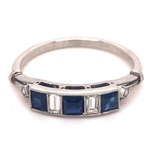 6×4 mm Emerald Cut Blue Sapphire And White Diamond Ring  | Vintage Round Cut Diamond Ring | Vintage Engagement Ring | Gift For Her