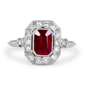 Anello di fidanzamento Art Déco da 3,00 ct, anello in argento sterling 925 con rubino taglio smeraldo rosso, anello di nozze da donna con diamanti, anello nuziale antico