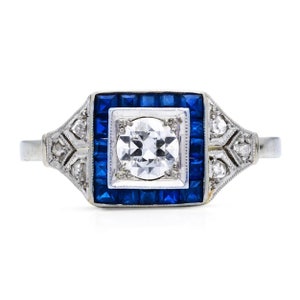 Art Deco 1.00CT Diamond | French Cut Sapphire Halo Diamond Ring | Vintage Round Cut Diamond Ring | Vintage Engagement Ring | Gift For Her