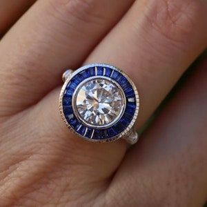 1.50 Ct Round Cut Bezel Set Halo Engagement Ring | Blue Sapphire Baguette Ring | Vintage Engagement Ring | Art Deco Ring | Gift For Her