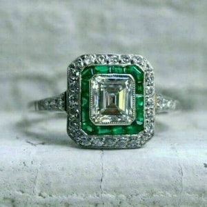 3.00CT Asscher Cut Diamond & Emerald Halo Anniversary Ring | 925 Sterling Silver Ring | Vintage Round Cut Diamond Ring | Gift For Her