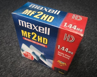 Disquetes lacrados, Maxell MF2HD, pacote com dez unidades, computador antigo, novos em folha.