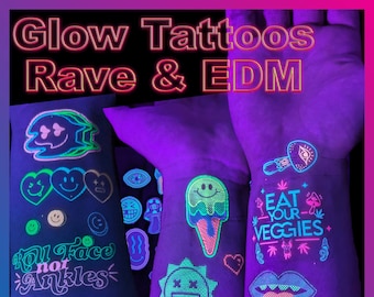 UV Schwarzlicht Reaktiv Glow in the Dark Party Tattoos - Rave Tattoos - Fluoreszierende Neon temporäre Tattoos - EDM Rave Kandi