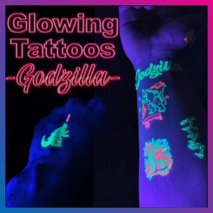 Godzilla Tattoos - UV blacklight reactive Glow in the Dark Party Tattoos - Fluorescent neon temporary tattoos - rave accessories, festival