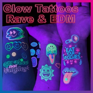 UV Schwarzlicht Reaktiv Glow in the Dark Party Tattoos - Rave Tattoos - Fluoreszierende Neon temporäre Tattoos - EDM Rave Kandi