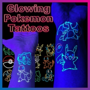 Pokemon Tattoos - UV blacklight reactive Glow in the Dark Party Tattoos - Fluorescent neon temporary tattoos - rave accessories, festival